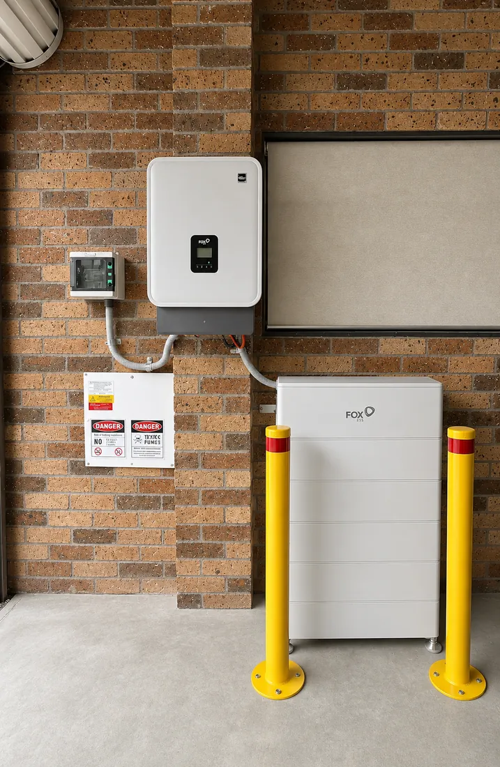 FoxESS battery system with inverter and safety signage in a garage